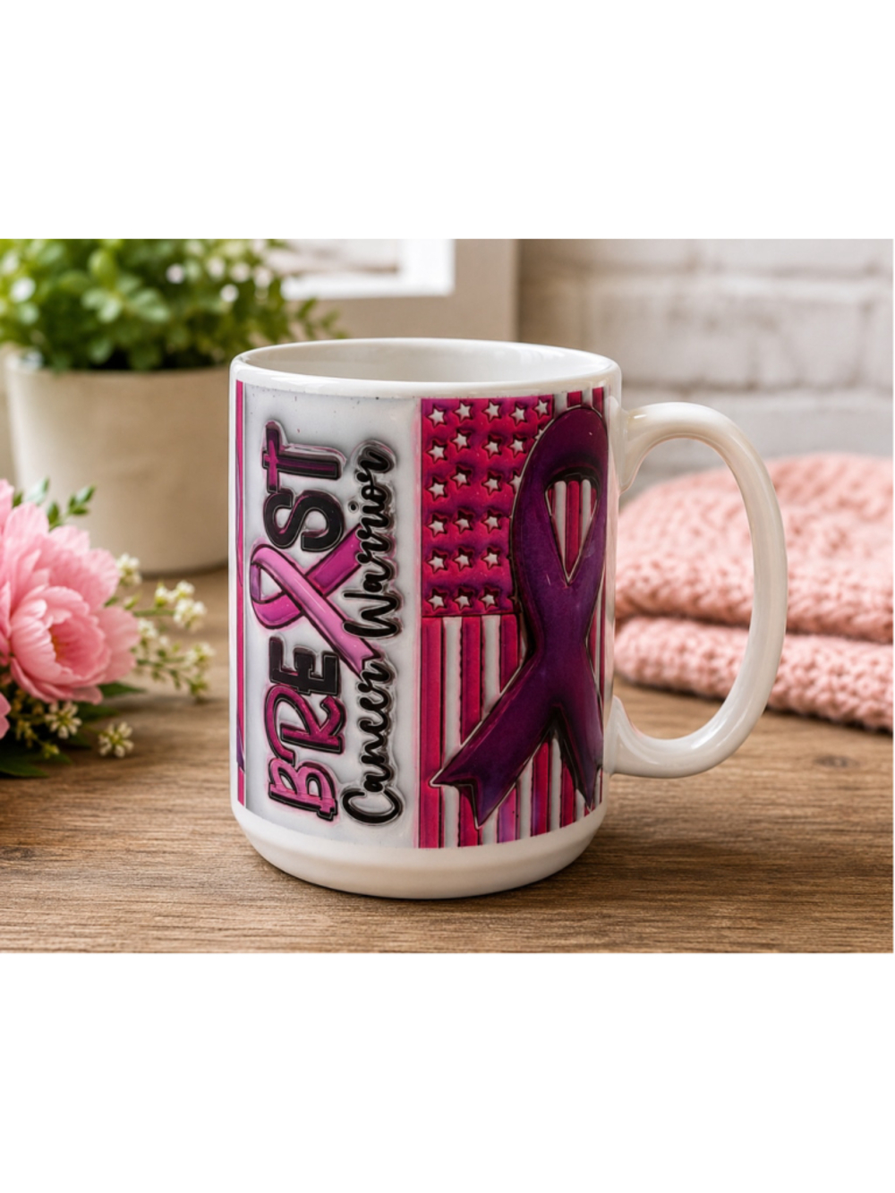 Breast Cancer Survivor Awareness Coffee Mug Pink Ribbon American Flag 15 oz